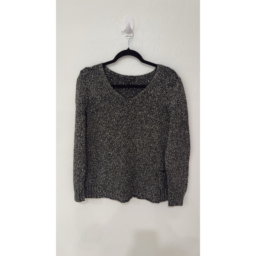 Eileen Fisher Womens Black White Marled 100% Cotton V-Neck Sweater Size‎ Large - Picture 2 of 9